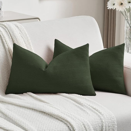 FUTEI Christmas Dark Green Chenille Decorative Throw Pillow Covers 12x20 Inch Set of 2,Soft Cozy Striped Geometric Patterns Lumbar Pillow Cases,Modern Home Decor for Couch Bed Living Room