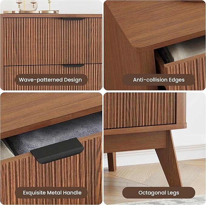 Fluted 5 Drawer Dresser, Tall Dresser with Deep Drawers, Wood Chest of Drawers for Bedroom, Modern Tall Chest Storage Organizer, Natural Finish for Hallway, Entryway, Living Room (Walnut)