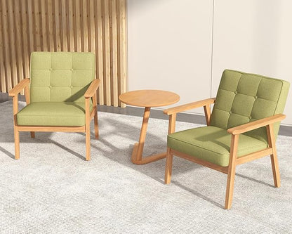 Modern Accent Chair with Wooden Table, Upholstered Linen Fabric Leisure Chair Comfy Side Chair with Backrest Button and Arm Rest for Living Room Bedroom Reading(Green)