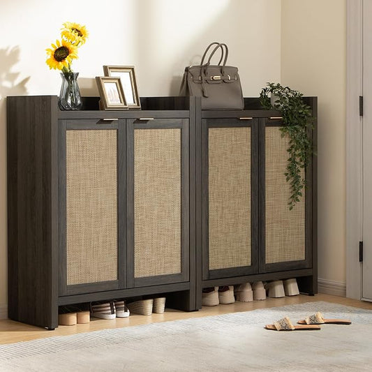 SICOTAS Shoe Cabinet Set of 2, Large Capacity Shoe Storage Organizer Cabinet, Tall Rattan Shoe Cabinet with Doors and Shelves, 6-Tier Farmhouse Boho Wooden Storage Cabinet for Entryway, Black Oak
