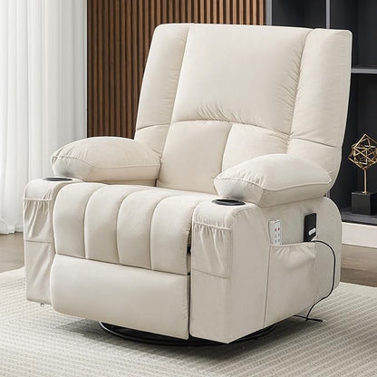 Swivel Rocker Chair with Heat and Massage, 270° Power Recliner Chairs for Adults, USB and Type-C Ports, Oversized Recliner Single Sofa, Electric Glider Chair(Beige)