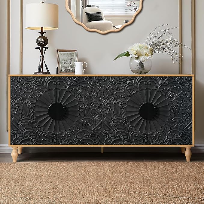 63" Sideboard Buffet Credenzas for Living Room, Black+Natural Entryway Table with Storage Accent Cabinet, Carved Flowers Doors & Wire Holes