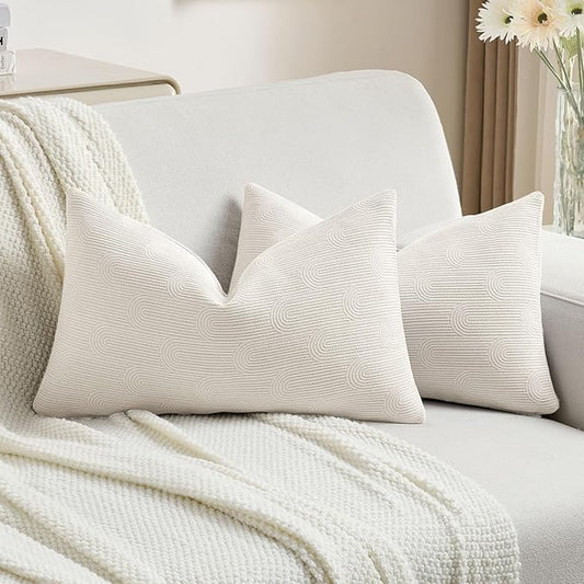 FUTEI Cream Chenille Decorative Throw Pillow Covers 12x20 Inch Set of 2,Soft Cozy Striped Geometric Patterns Lumbar Pillow Cases,Modern Home Decor for Couch Bed Living Room