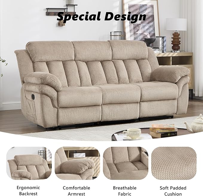 CANMOV Recliner Sofa Set, Manual Reclining Sofa with Overstuffed Armrest for Living Room,Bedroom Furniture,Office,3 Seat Light Brown