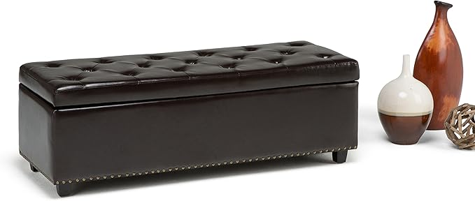 SIMPLIHOME Hamilton 48 inch Wide Transitional Rectangle Storage Ottoman in Coffee Brown Vegan Faux Leather, Assembled, For the Living Room, Entryway and Family Room