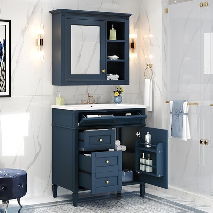 30" Bathroom Vanity with Matching Medicine Cabinet, Modern Sink Storage Cabinet with Drawers, Soft Closing Doors and Shelf, Bathroom Vanities with Sink & Mirror