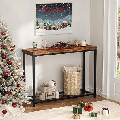 32" Small Console Table, 2-Tier Narrow Entryway Table, Sofa Table with Mesh Shelves, Console Tables for Living Room, Hallway, Entryway, Farmhouse Console Table with Storage, Rustic Brown