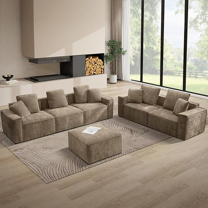 WILLOVE Modular Sectional Sofa Set, Chenille Cloud Couch with Wide Armrests & 8 Pillows, Deep Seat Couches for Living Room, 2+4-Seater Khaki