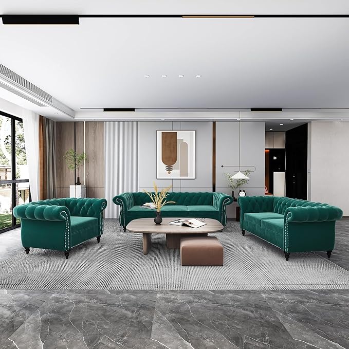 Chesterfield Loveseat Sofa, Modern Velvet Small Sofa Couch 2 Seater with Rolled Arms and Nailhead, Mid Century Modern Loveseat Couch for Small Spaces Living Room Bedroom Apartment, Green