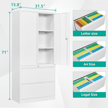 SISESOL Storage Cabinet Metal Display Cabinet with Glass Doors, 71in H x 31.5in W x 15.7in D, White, Kitchen Pantry Cabinet for Home Office, Bathroom, Bedroom, Living Room