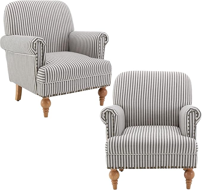 Linen Accent Chairs Set of 2 Mid-Century Modern Living Room Armchair with Nailhead Trim & Wood Legs Comfy Upholstered Single Sofa Chair for Lounge/Bedroom/Reception, Black Stripe
