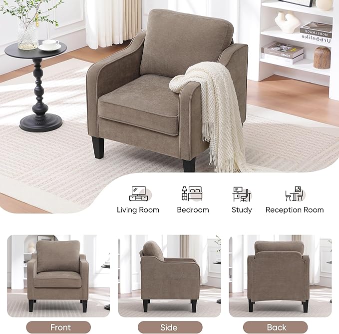 Accent Chair for Living Room, Mid Century Modern Reading Chair for Bedroom, Upholstered Armchair with Side Pockets, Comfy Single Sofa Side Chair for Office, Apartment, Small Room, Brown