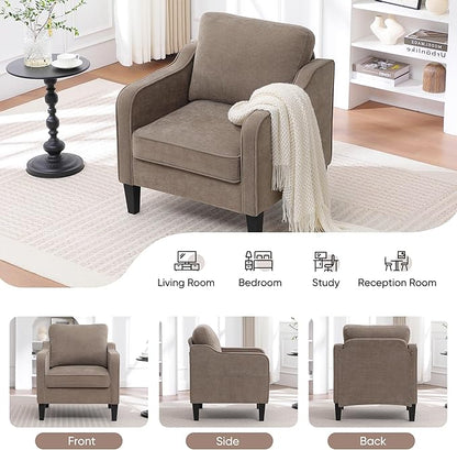 Accent Chair for Living Room, Mid Century Modern Reading Chair for Bedroom, Upholstered Armchair with Side Pockets, Comfy Single Sofa Side Chair for Office, Apartment, Small Room, Brown