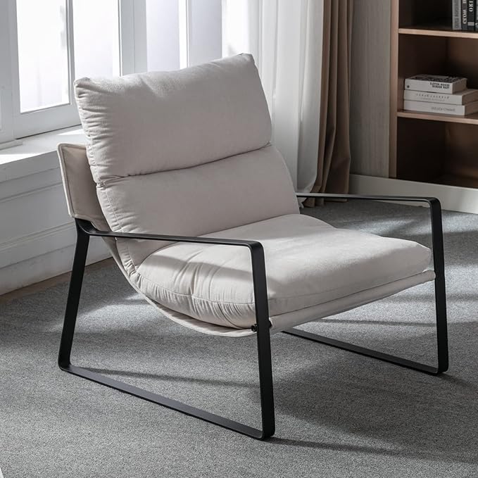 Mid-Century Accent Chair, Comfy Side Chair with Armrest Chenille Fabric, Upholstered Leisure Chair with Black Metal Frame for Living Room Bedroom Reception Room, White
