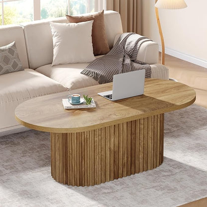 Tribesigns Oval Coffee Table, 47.2" Farmhouse Wooden Center Table with Fluted Design, for Living Room, Office, Apartment, Rustic Brown