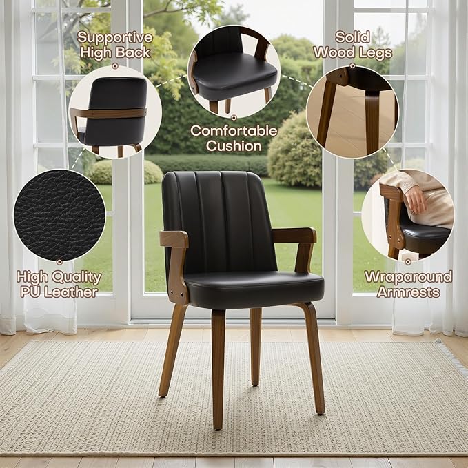 Kitchen Dining Chairs Set of 4, Faux Leather Upholstered Dining Room Chairs with Wood Arms and Legs, Mid Century Modern Kitchen Side Chair for Living, Bedroom, Restaurant, Walnut/Black