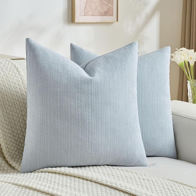 FUTEI Light Blue Decorative Throw Pillow Covers 26x26 Inch Set of 2,Soft Cozy Wheat Ear Striped Patterns Euro Pillow Shams,Modern Home Decor for Couch Bed Living Room