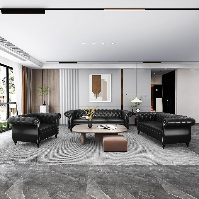 Living Room Chair, Modern Leather Chesterfield Sofa Chair, Mid Century Single Sofa Couch Chair with Tufted Back and Rolled Arms, Accent Sofa Chair for Living Room Apartment, Black