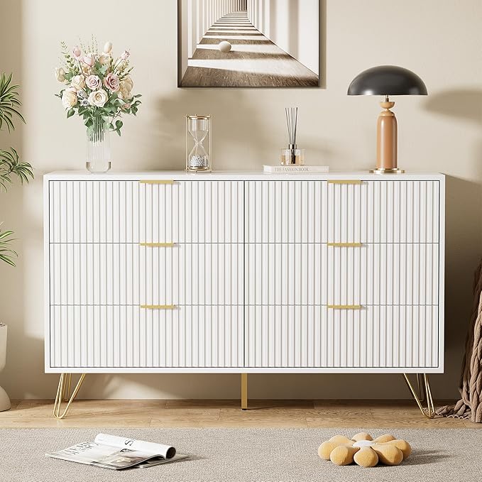 White Dresser for Bedroom, Modern Dresser with Gold Metal Handles & Chests of Drawers for Bedroom, 15.7" D x 47.2" W x 29.5" H