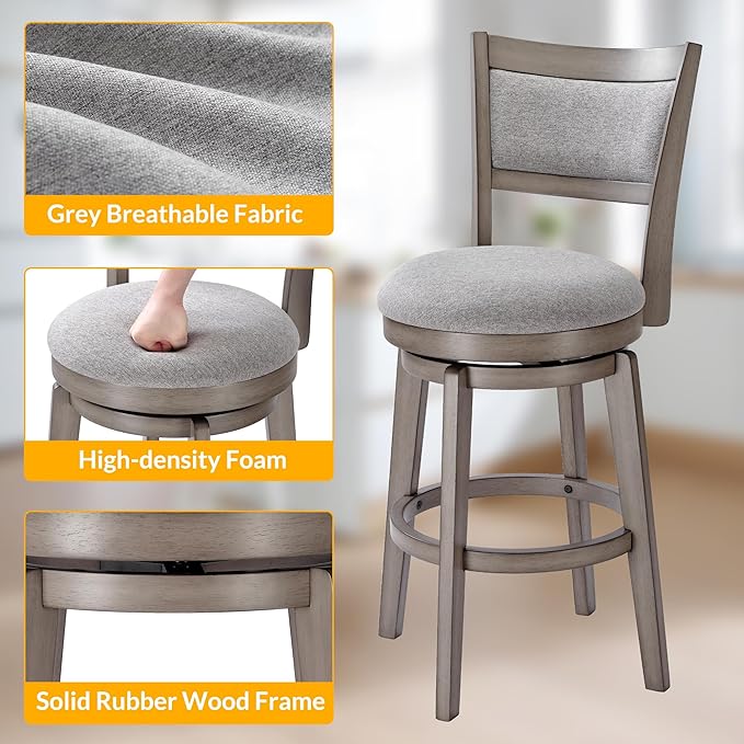 PrimeZone Swivel Bar Stools Set of 8, 26 Inch Counter Height Barstools, High Back Bar Stool with Solid Wood Legs & Wrap-Around Footrest, Counter Stools for Kitchen Island, Pub, Grey