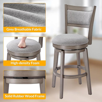 PrimeZone Swivel Bar Stools Set of 8, 26 Inch Counter Height Barstools, High Back Bar Stool with Solid Wood Legs & Wrap-Around Footrest, Counter Stools for Kitchen Island, Pub, Grey