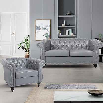 Accent Sofa Chair for Living Room, Modern PU Leather Upholstered Armchair, Oversized Comfy Single Sofa Chair with Cushion, Mid Century Tufted Chesterfield Sofa Couch for Bedroom, Apartment (Grey)