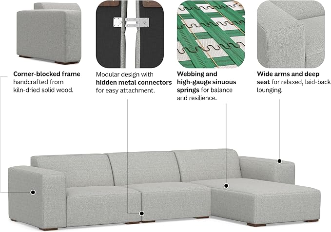 SIMPLIHOME Rex Right-Facing Modular Sectional Sofa in 100% Recycled Polyester Tightly Woven Performance Fabric, Pale Grey, 102-inches Wide, 4-Seater L-Shaped Couch with Right Chaise for Living Room