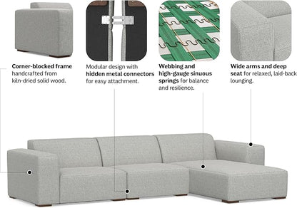SIMPLIHOME Rex Right-Facing Modular Sectional Sofa in 100% Recycled Polyester Tightly Woven Performance Fabric, Pale Grey, 102-inches Wide, 4-Seater L-Shaped Couch with Right Chaise for Living Room