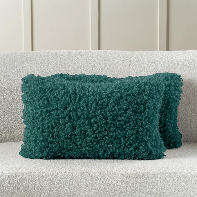 FUTEI Teal Decorative Throw Pillow Covers 12x20 Inch Set of 2,Soft Fluffy Faux Wool Fur Boucle Textured Lumbar Pillow Case,Modern Home Decor for Couch Bed Living Room Office