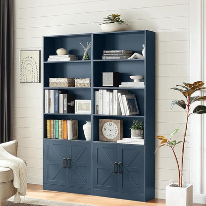 70in Tall Bookshelf 6 Tier Bookcase with Barn Doors and Adjustable Shelf, Blue Farmhouse Book Shelves with Storage Cabinet, Wood Floor Standing Display Bookshelve for Bedroom,Living Room,Kitchen