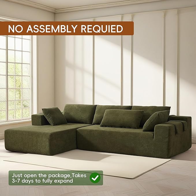 108" Modular Sectional Couch Sofa with L-Shape Chaise, Modern Cloud Comfy Sofa with Deep Seat, Upholstered Couches for Living Room Bedroom, No Assembly Required (Green Left Facing Chaise)