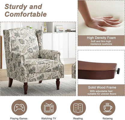 Pia Ricco High Back Floral Accent Chair - Retro Wingback Upholstered Armchair with Nailhead Trim, Solid Wood Legs, Fabric Living Room Bedroom Reading Chair (Plants Beige)