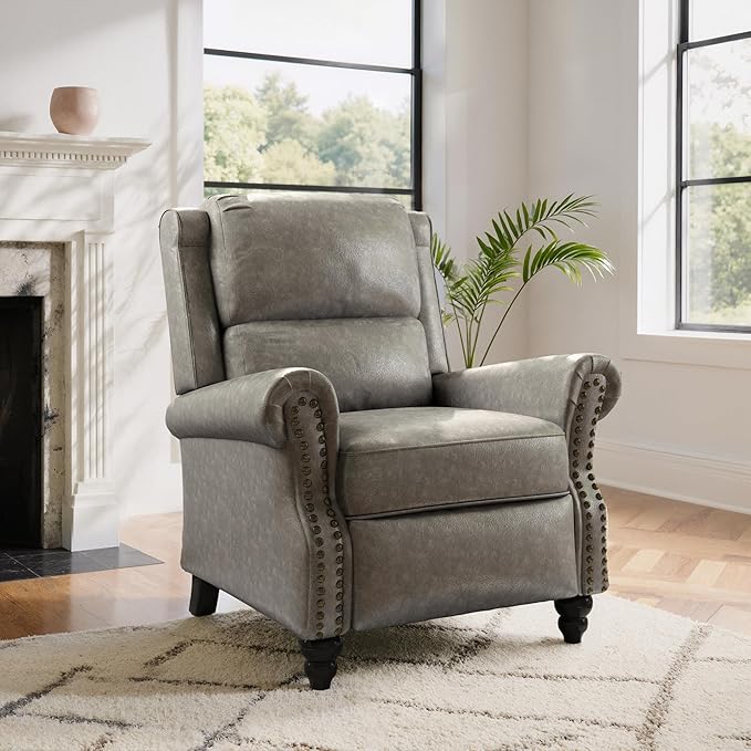 Lumibee Recliner Chair, Wingback Recliner Chair for Living Room, Modern Upholstered Faux Leather Pushback Armchair with Adjustable Backrest & Footrest for Small Spaces,Bedroom-Gray