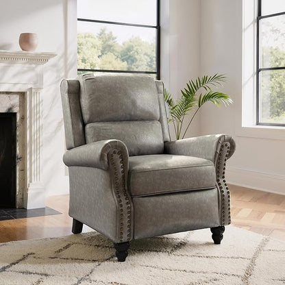 Lumibee Recliner Chair, Wingback Recliner Chair for Living Room, Modern Upholstered Faux Leather Pushback Armchair with Adjustable Backrest & Footrest for Small Spaces,Bedroom-Gray