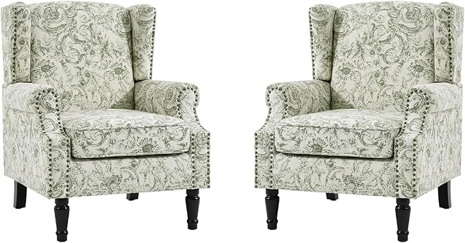 Wingback Accent Chairs Set of 2, High Back Upholstered Armchair, Printed Fabric Wingback Arms Chairs with Wood Legs, Single Sofa Reading Chair for Bedroom Living Room, Green Pattern