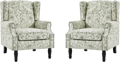 UIXE High Back Floral Accent Chairs Set of 2, Fabric Upholstered Armchair Wingback Arm Chair for Living Room, Nailhead Trim Single Sofa Bedroom Side Reading Seat with Solid Wood Legs - Rococo Green
