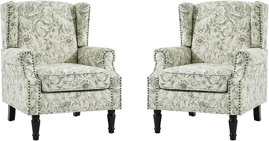 UIXE High Back Floral Accent Chairs Set of 2, Fabric Upholstered Armchair Wingback Arm Chair for Living Room, Nailhead Trim Single Sofa Bedroom Side Reading Seat with Solid Wood Legs - Rococo Green