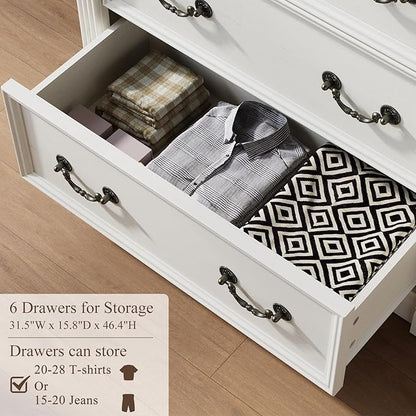 Yaamizz Farmhouse Dresser for Bedroom, 47" Tall 6 Drawer Dresser Storage with Wood Pilasters and Metal Handles, Vintage Design, Drawer Organizer for Bedroom, Hallway, White