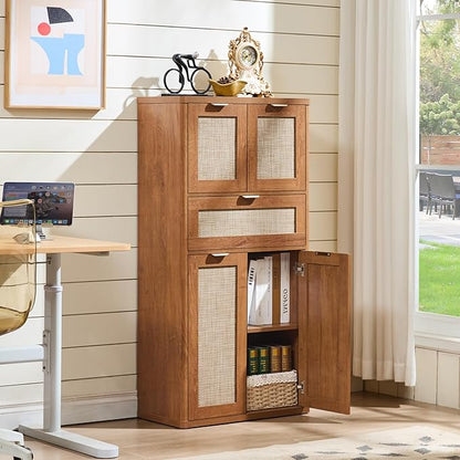 LEYAOYAO 48" Tall Storage Cabinet,Rattan Bathroom Floor Cabinets with 4 Doors & 1Drawer,Boho Kitchen Pantry with Adjustable Shelves,Wooden Cupboard for Living Room,Home Office,Dining,Brown