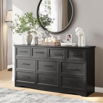 Black Farmhouse Dresser for Bedroom, 59" Wide Chest of Drawers with Brushed Metal Handle, 10 Chest of Drawers, Wood Closet Organizers and Storage Cabinet for Bedroom, Living Room, Hallway