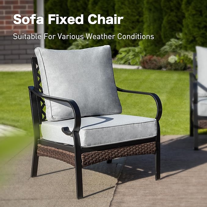 5 Piece Metal Outdoor Patio Furniture Set, Patio Conversation Sets 1 3-Seater Sofa, 2-Seater Sofa, 2 Fixed Sofa with 5.75" Cushion & Coffee Table Black Backyard Furniture, Light Gray