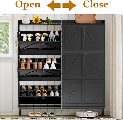 Shoe Cabinet Storage for Entryway, Shoe Storage Cabinet with 6 Flip Drawers, Freestanding Narrow Shoe Rack Organizer with Metal Legs, Adjustable Shelves & Open Storage for Foyer, Hallway, Black