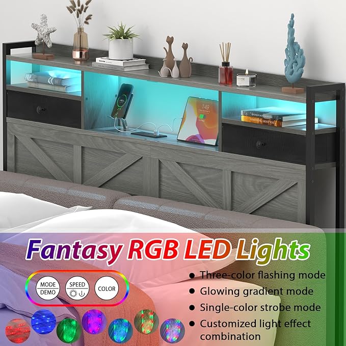 King Size Headboard with Drawers, Outlets & USB Ports,Sturdy Wood Bed Frame with Adjustable Height, Built-in LED Lighting (Grey, King 75.2 * 7.08 * 45.7)