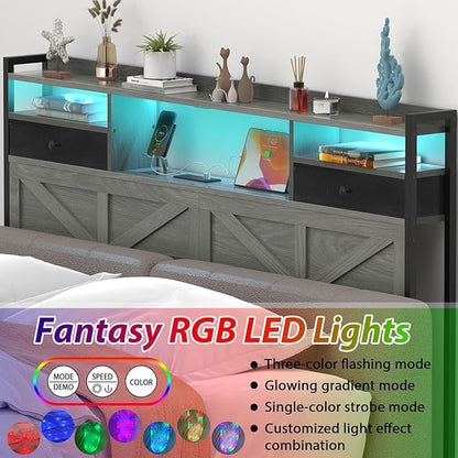 King Size Headboard with Drawers, Outlets & USB Ports,Sturdy Wood Bed Frame with Adjustable Height, Built-in LED Lighting (Grey, King 75.2 * 7.08 * 45.7)