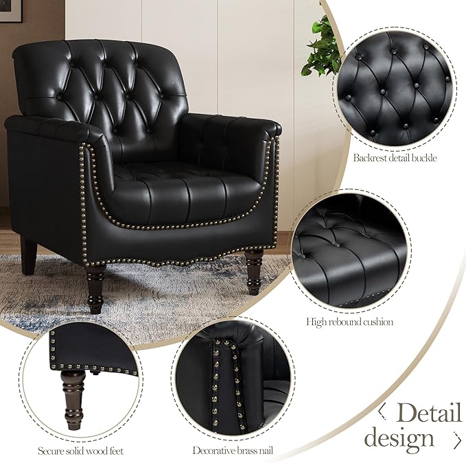 Pia Ricco Modern Tufted Accent Chair, Single Faux Leather Armchair with Nailhead Trim & Wood Legs, Comfortable Upholstered Seat for Living Room, Office - Black