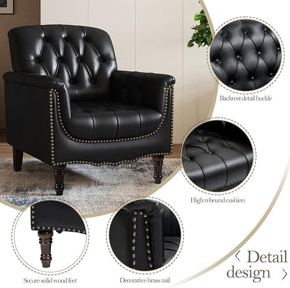 Pia Ricco Faux Leather Armchair Set of 2, Modern Accent Chairs with Nailhead Trim and Solid Wood Legs, Upholstered Comfort for Living Room, Office, Bedroom - Black