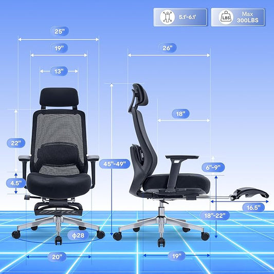 FLEXISPOT MasterEase Massage Office Chair with Footrest, High Back Ergonomic Desk Chair with Adjustable Headrest, 3D Armrests, 2D Lumbar Heated Massage, 4-Position Recline, Foam Seat, Black