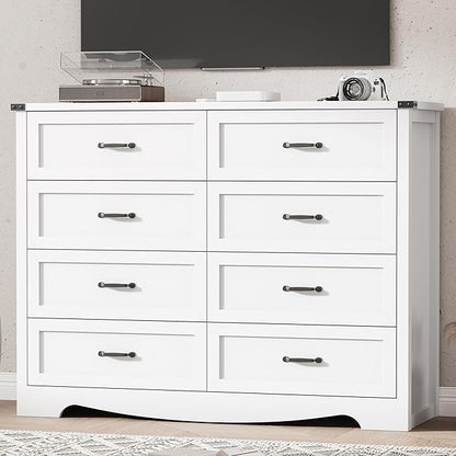 Dresser for Bedroom with 8 Drawers, 54" Wide Wood Chest of Drawers with Deep Drawers & Mental Handle, Modern Dresser TV Stand, Wooden Closet Storage Organizer for Living Room, Hallway, Entryway, White