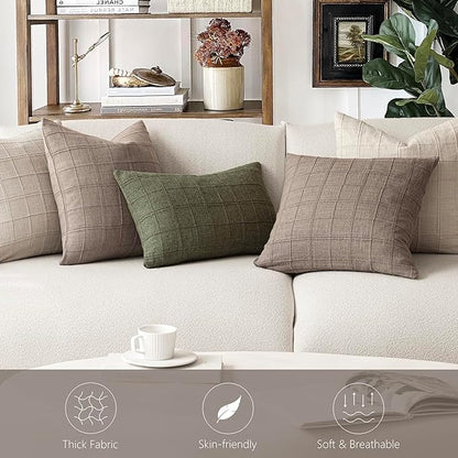 Foindtower Set of 2 Decorative Linen Check Throw Pillow Covers Neutral Farmhouse Vintage Cushion Covers Modern Boho Home Decor for Sofa Chair Couch Bedroom Living Room,22×22 Inch,Tan Taupe
