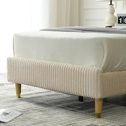 PINJU Twin Size Bed Frame, Upholstered Platform Bed with Modern Vertical Striped Wingback Headboard with Wooden Slats, Easy to Assemble No Noise Free (Beige, Twin)